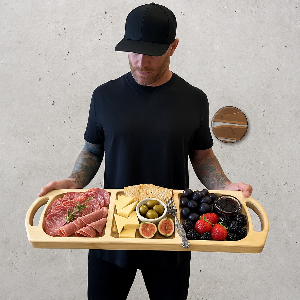 Spalted birch charcuterie board with triple recessed trays and natural live edge