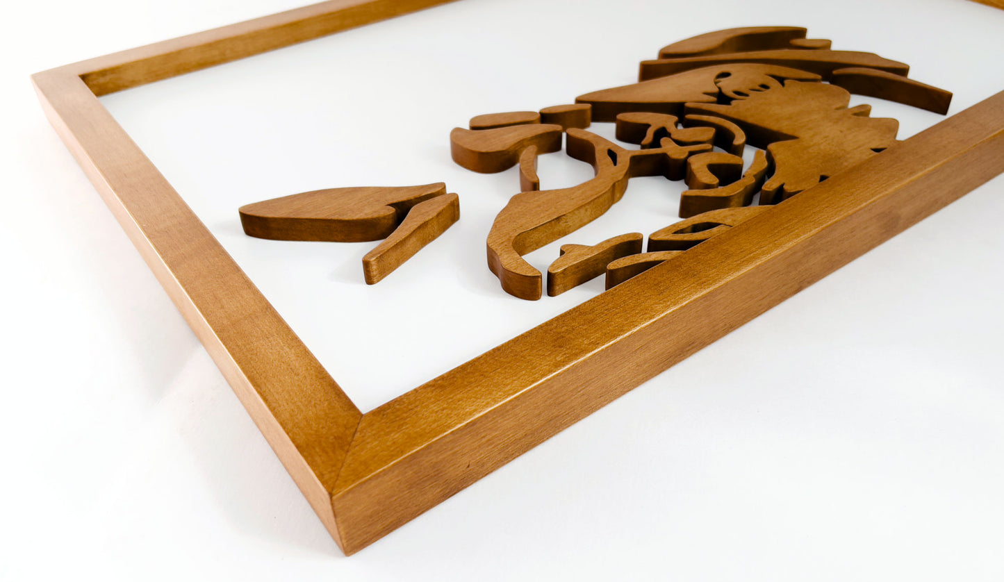 Close-up of smooth birch wood grain on boxer dog art piece