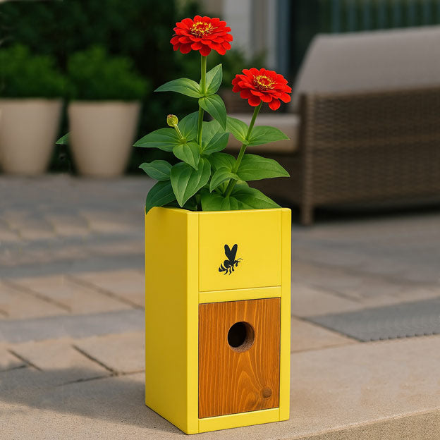 Sunny yellow handcrafted birdhouse planter with bee motif and space for 4-inch potted plant