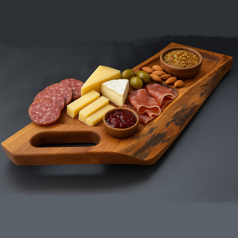 Rustic birch charcuterie board with two compartments, styled with snacks