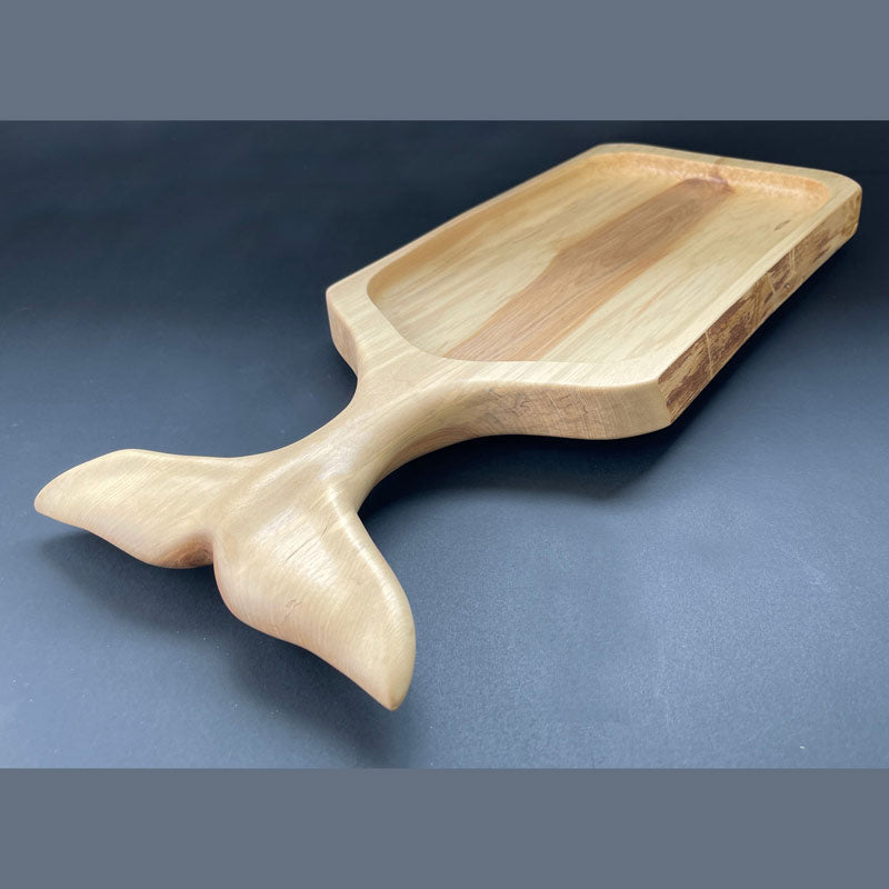 Whale tail-shaped spalted birch charcuterie board with carved tray section