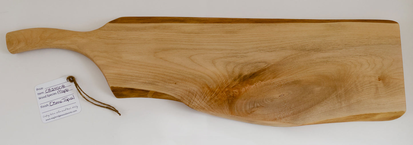 Maple charcuterie board with live edge and pan-style handle