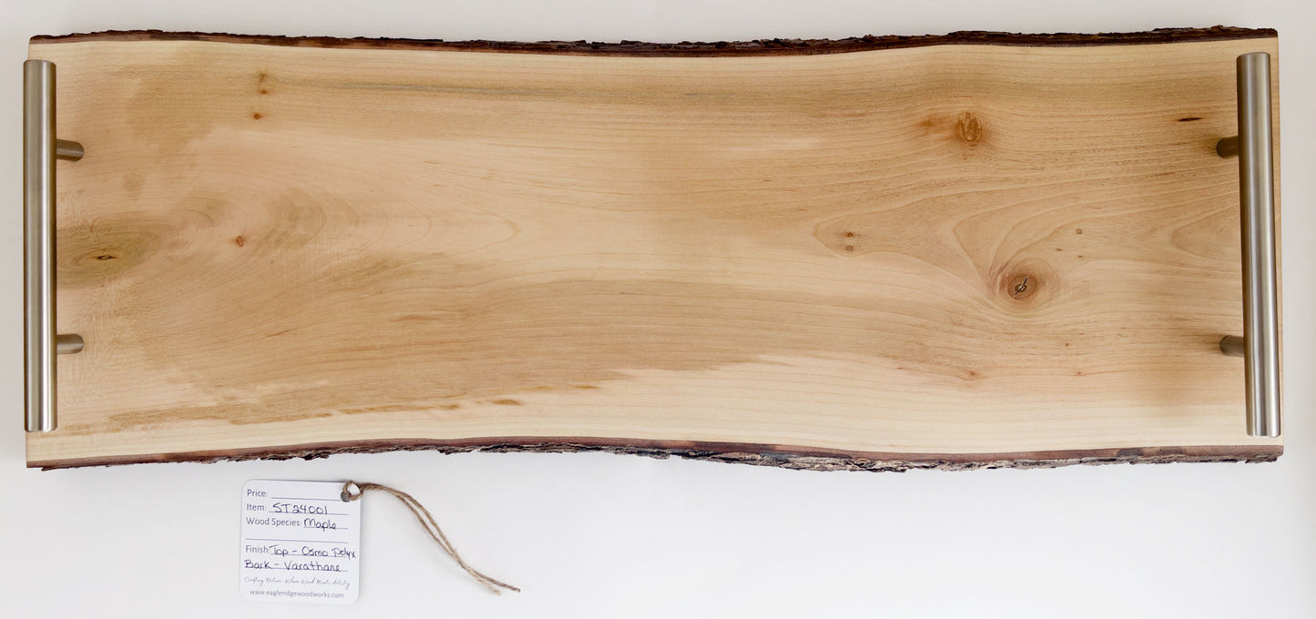 Maple serving tray with live edge and silver metal handles