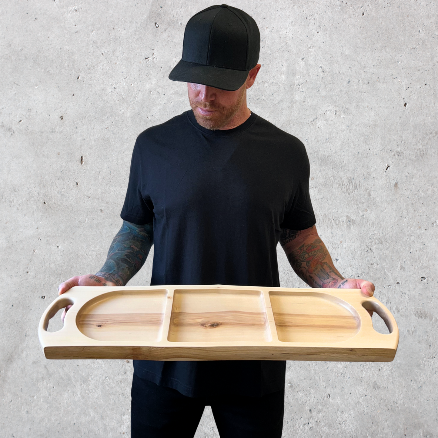 Handcrafted spalted birch wood tray with three compartments for charcuterie
