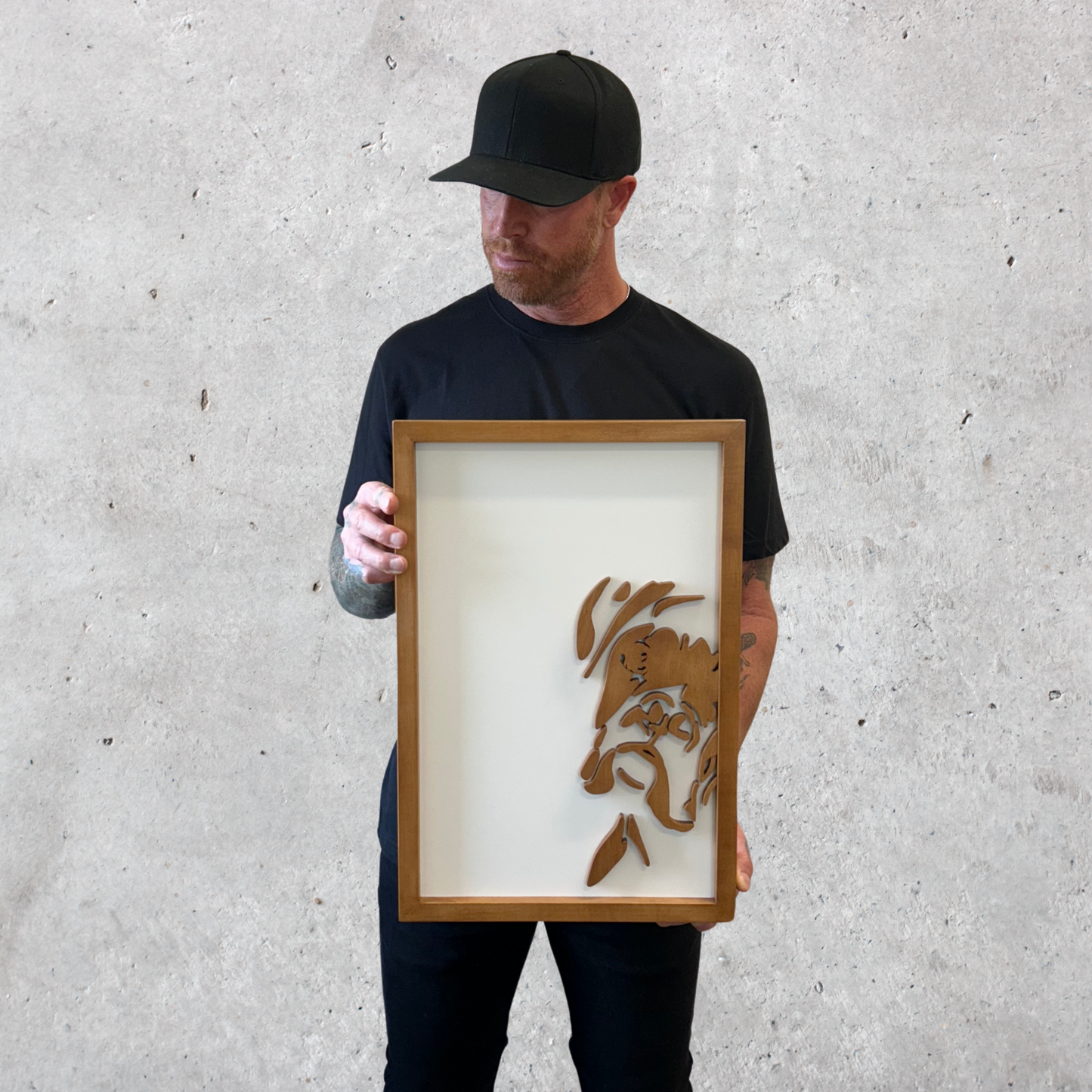 Handcrafted boxer dog wall art made from birch wood with natural finish