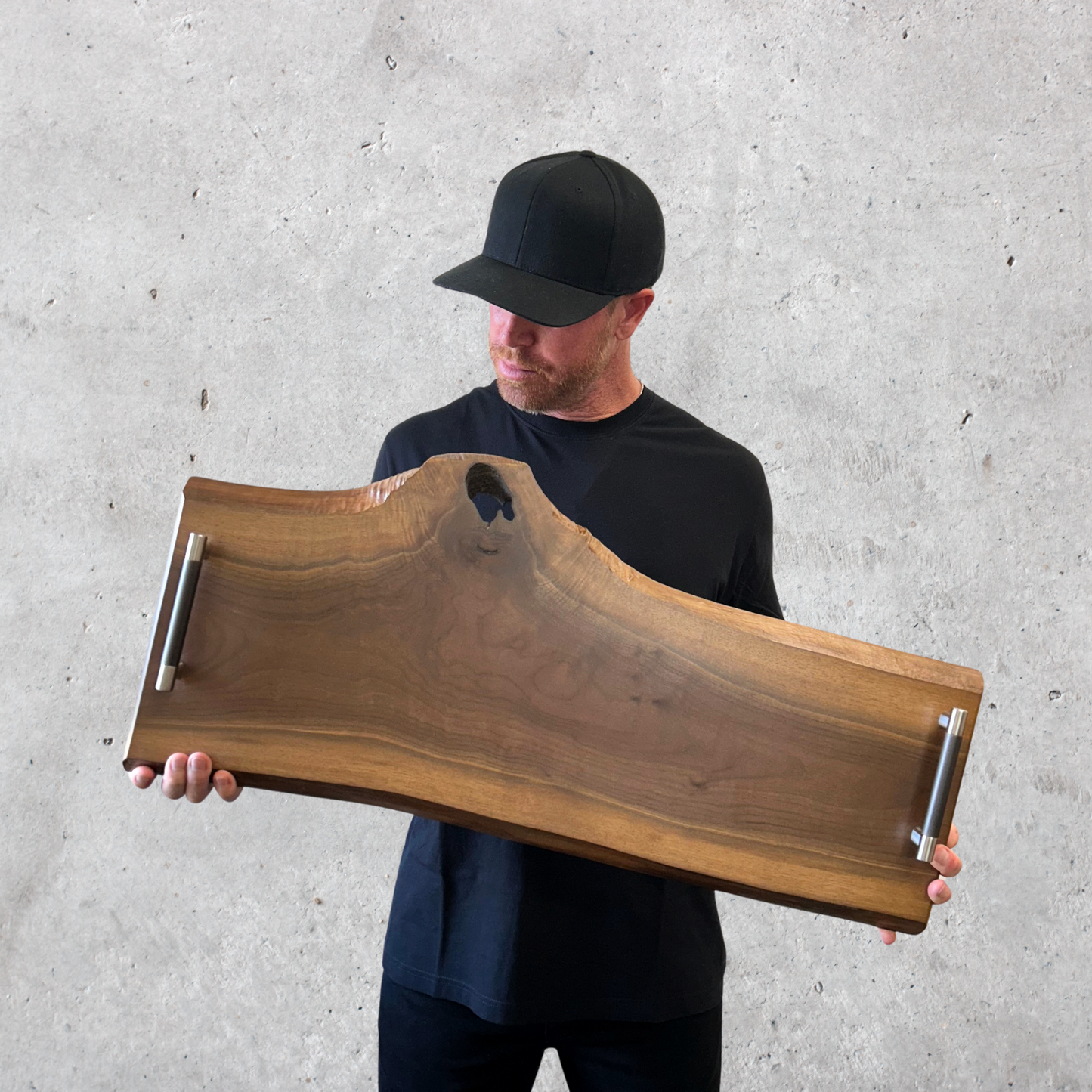 Large 32-inch black walnut charcuterie board with live edge and rich wood grain