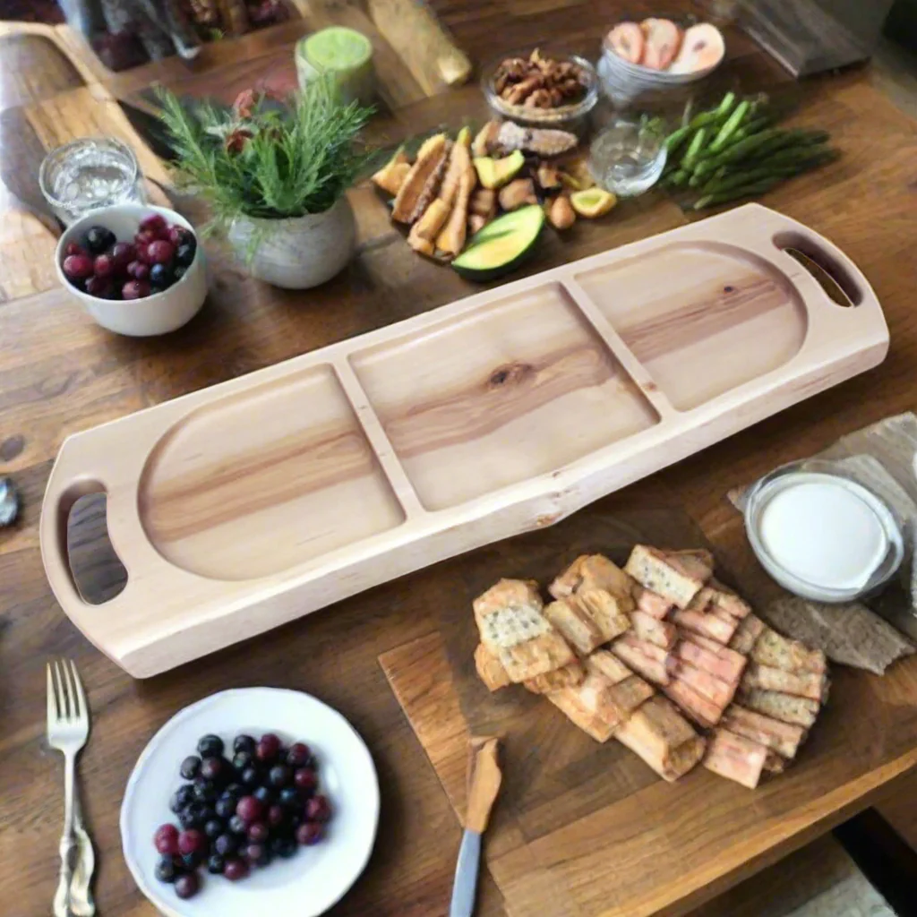 Spalted birch triple tray charcuterie board arranged with artisan snacks