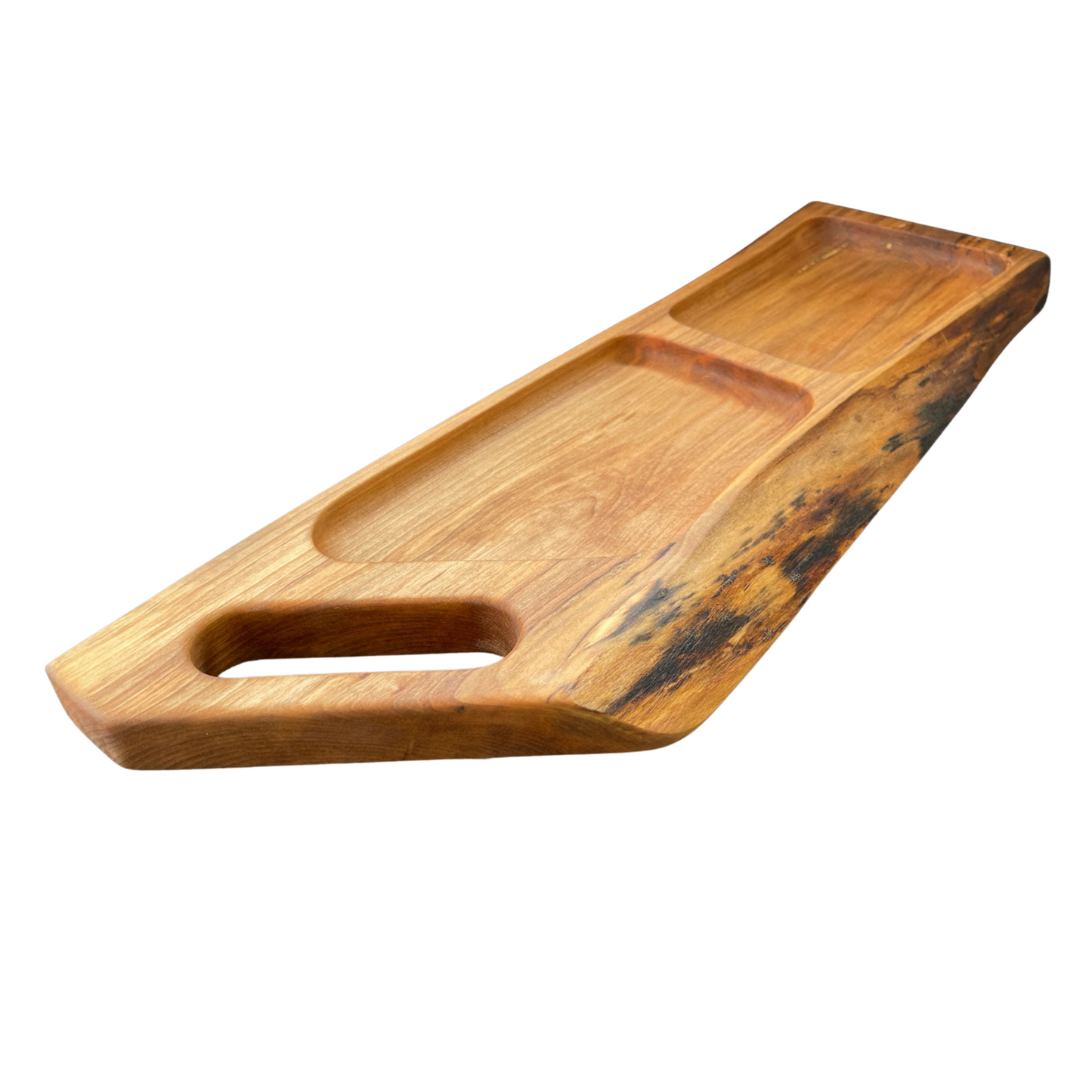 Spalted birch charcuterie board with dual tray design and slot handle