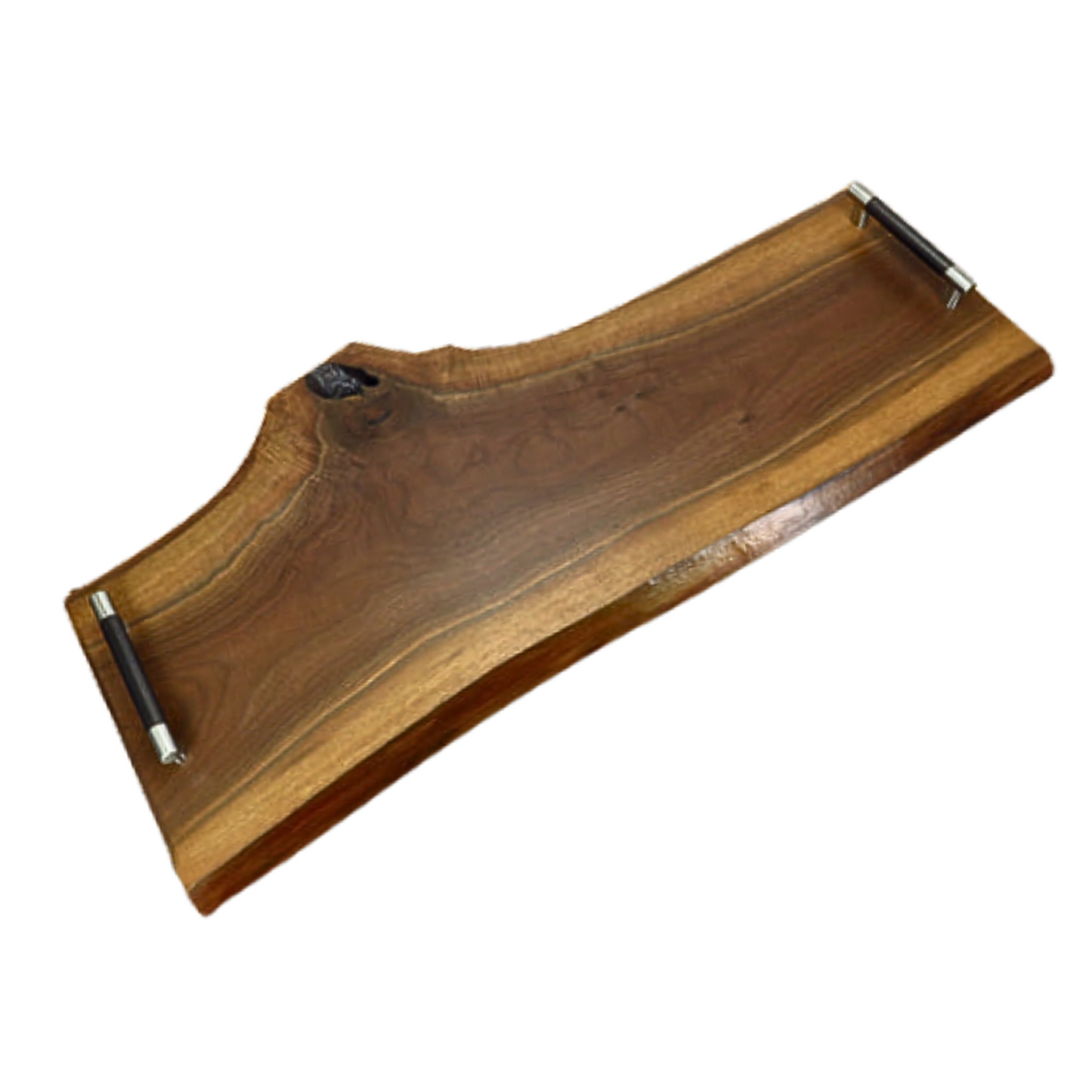 Top-down view of handcrafted black walnut charcuterie board with natural edge