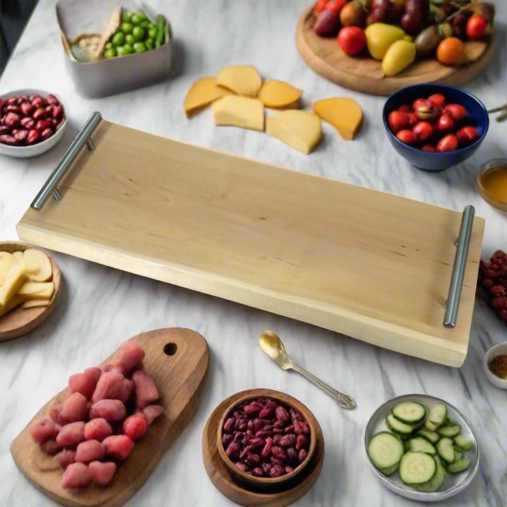 Rustic live edge serving board placed on farmhouse kitchen table