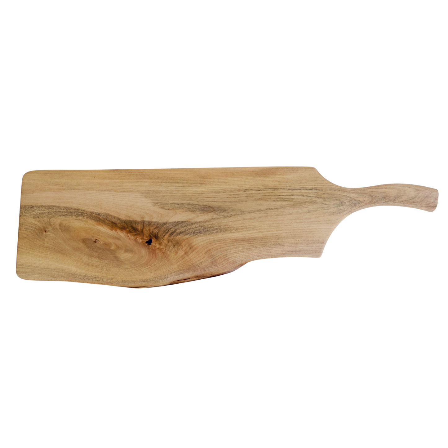 Close-up of pan-style handle on maple wood charcuterie board