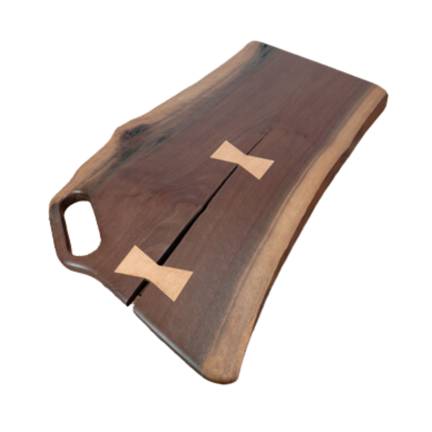 Handcrafted black walnut serving board featuring live edge and bowtie joinery