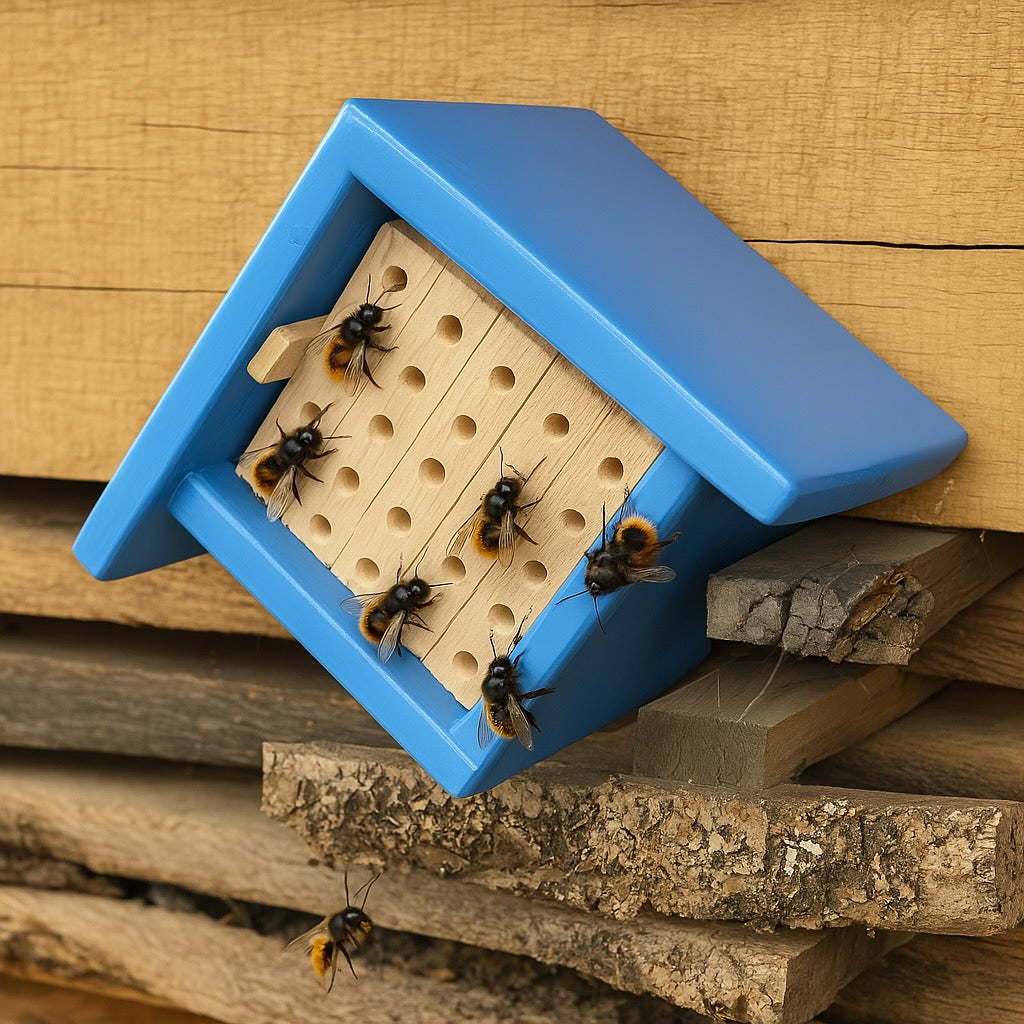 Chalet-style pollinator bee house made from cedar with bamboo tubes and natural finish